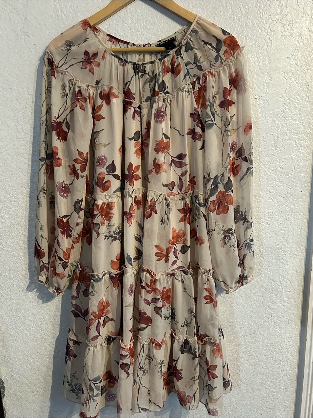 Tiered Long-Sleeve Floral Dress in Cream with Rust Accents